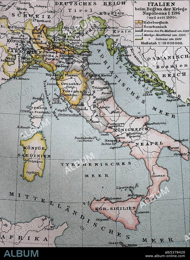 Map of Italy from 1500 to the beginning of the wars Napoleon I., 1796, historical illustration, Italy