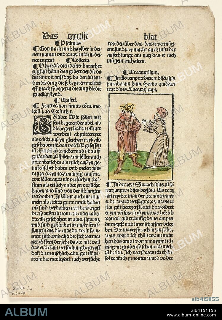 The Parable of the Unjust Steward from Plenarium, Plate 14 from Woodcuts from Books of the 15th Century. Unknown Artist  (Augsburg, 15th century); printed and published by Johann Schönsperger the Elder (German, c. 1455-1521); portfolio text by Wilhelm Ludwig Schreiber (German, 1855-1932). Date: 1497. Dimensions: 80 x 60 mm (image); 271 x 195 mm (sheet). Woodcut in black with hand-colored additions, and letterpress in black (recto and verso), on buff laid paper, tipped onto cream wove paper mat. Origin: Germany.