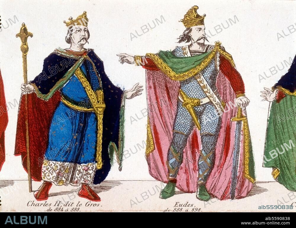 Charles III le Gros ; empereur d'Occident (en 881) et régent de France (en 885), 876-87 ; 839 - 13.1.888 Neidingen. - "Charles II (sic!), dit le Gros, de 884 à 888." / "Eudes, de 888 à 898.". (Charles III et Eudes, roi de France, 888-898). Gravure sur cuivre, col., v. 1850, livre d'images (Gangel), dét. . coll. particulière, France.