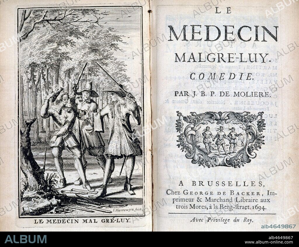 Valere et Lucas battent Sganarelle. Page de garde du ' Medecin malgre lui' de MOLIERE (1622-1673), illustre par Francois HARREYWYN (17eme), tire des Oeuvres de Moliere (1ere edition complete illustree) 1694. Credit : Collection Vav/KHARBINE-TAPABOR.