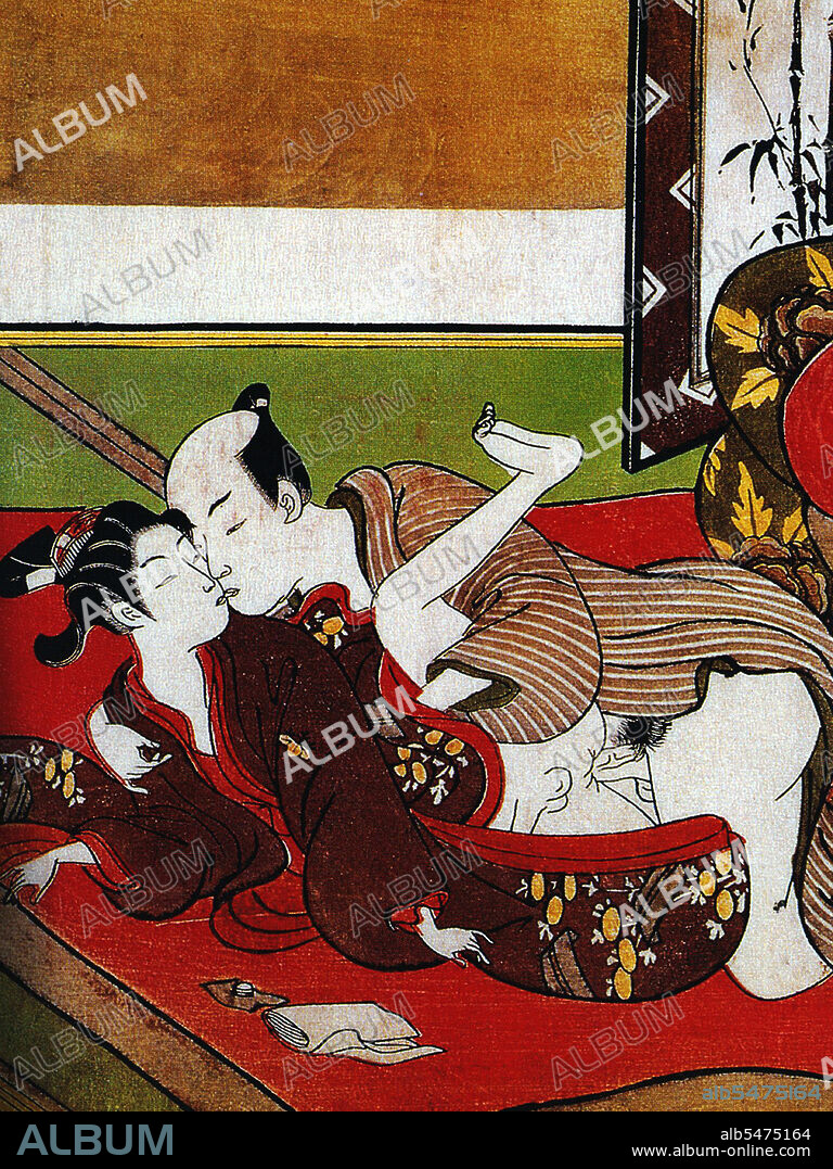 Shunga is a Japanese term for erotic art. Most shunga are a type of ukiyo-e, usually executed in woodblock print format. While rare, there are extant erotic painted handscrolls which predate the Ukiyo-e movement. Translated literally, the Japanese word shunga means picture of spring; 'spring' is a common euphemism for sex. The ukiyo-e movement as a whole sought to express an idealisation of contemporary urban life and appeal to the new chi nin class. Following the aesthetics of everyday life, Edo period shunga varied widely in its depictions of sexuality. As a subset of ukiyo-e it was enjoyed by all social groups in the Edo period, despite being out of favour with the shogunate. Suzuki Harunobu (1724 July 7, 1770) was a Japanese woodblock print artist, one of the most famous in the Ukiyo-e style. He was an innovator, the first to produce full-color prints (nishiki-e) in 1765, rendering obsolete the former modes of two- and three-color prints. Harunobu used many special techniques, and depicted a wide variety of subjects, from classical poems to contemporary beauties (bijin, bijin-ga). Like many artists of his day, Harunobu also produced a number of shunga, or erotic images.