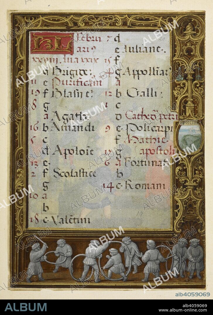 WORKSHOP OF SIMON BENING. Calendar page for February. Initial, text and at bottom, agricultural workers with hoops. The Golf Book. Netherlands, S. (Bruges). c. 1520 - 1530. Source: Add. 24098 f.20. Language: Latin.