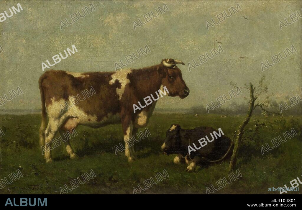 JAN VROLIJK. A Cow with her Calf in a Meadow. Dating: 1879. Place: Netherlands. Measurements: h 36.6 cm × w 52 cm × t 3.7 cm; d 10.5 cm.