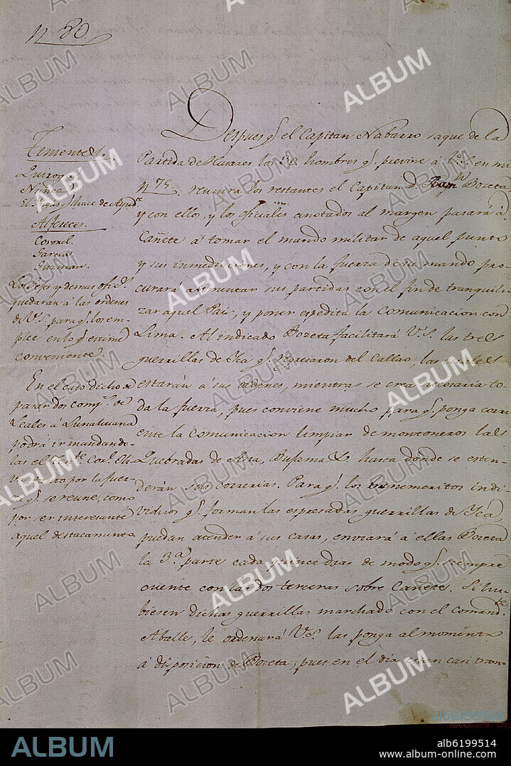 CARTA MANUSCRITA DEL GENERAL JOSE CANTERAC COMANDANTE DE LAS FUERZAS DE RESERVA EN LA BATALLA DE AYACUCHO - SIGLO XIX.