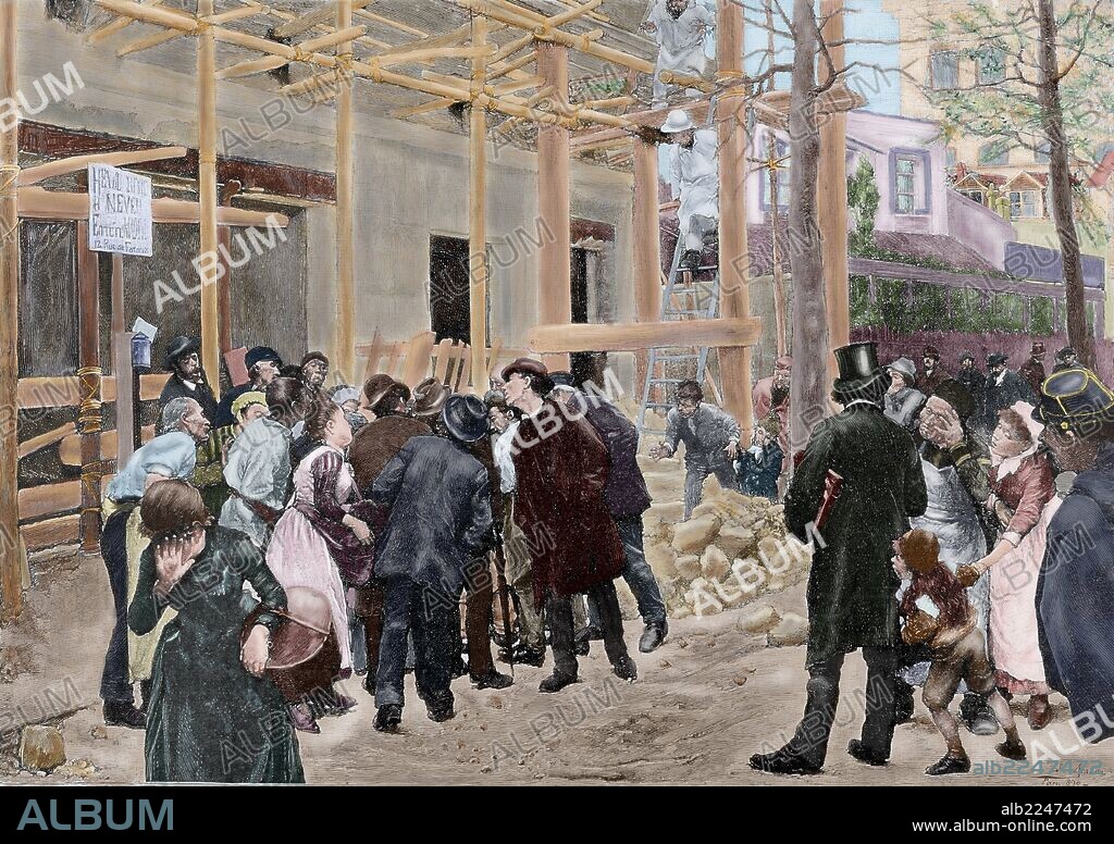 José Jiménez Aranda (1837-1903). Pintor español. "Una Desgracia". Copia de un cuadro de premiado con medalla en la Exposición Nacional de Bellas Artes de Madrid, 1890". Grabado coloreado de "La Ilustración Española", año 1902.