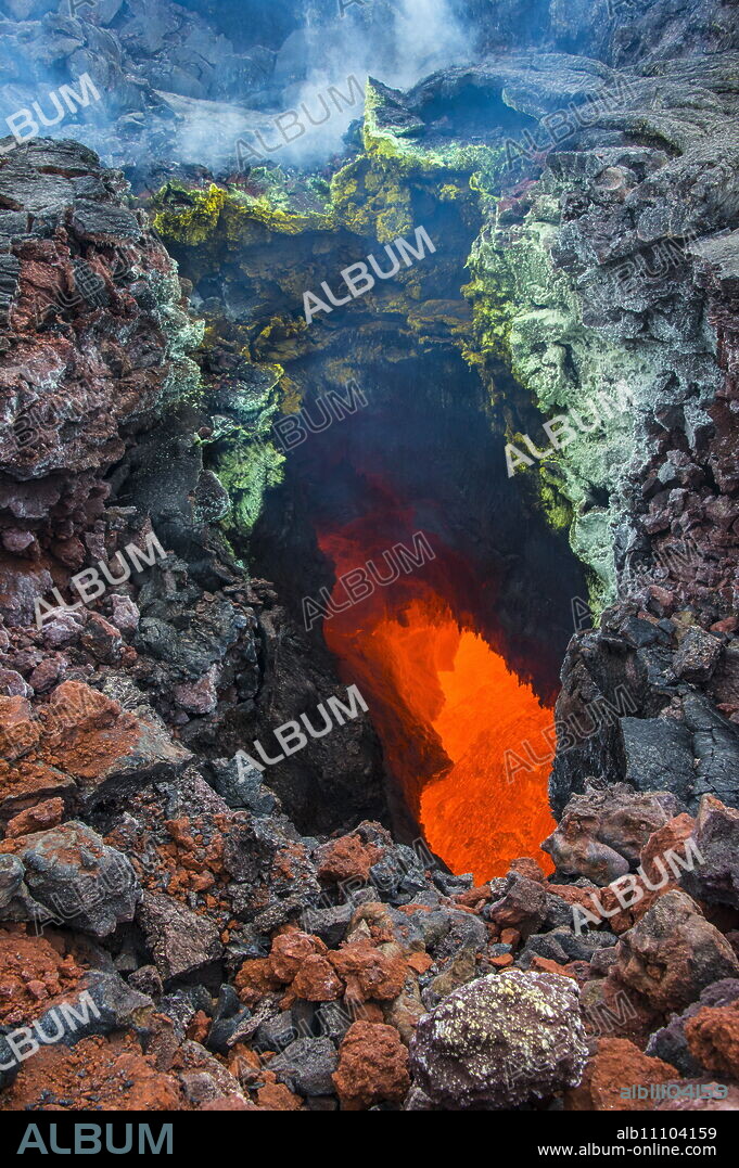 Active magma in a stream below the Tolbachik volcano, Kamchatka, Russia, Eurasia.