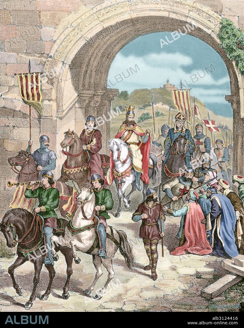 The king James I The Conqueror (1208-1276), king of Aragon, Count of Barcelona,king of Majorca and Valencia, enters at Xativa (1244). Engraving in "Historia de Espan_a", 19th century. Colored.