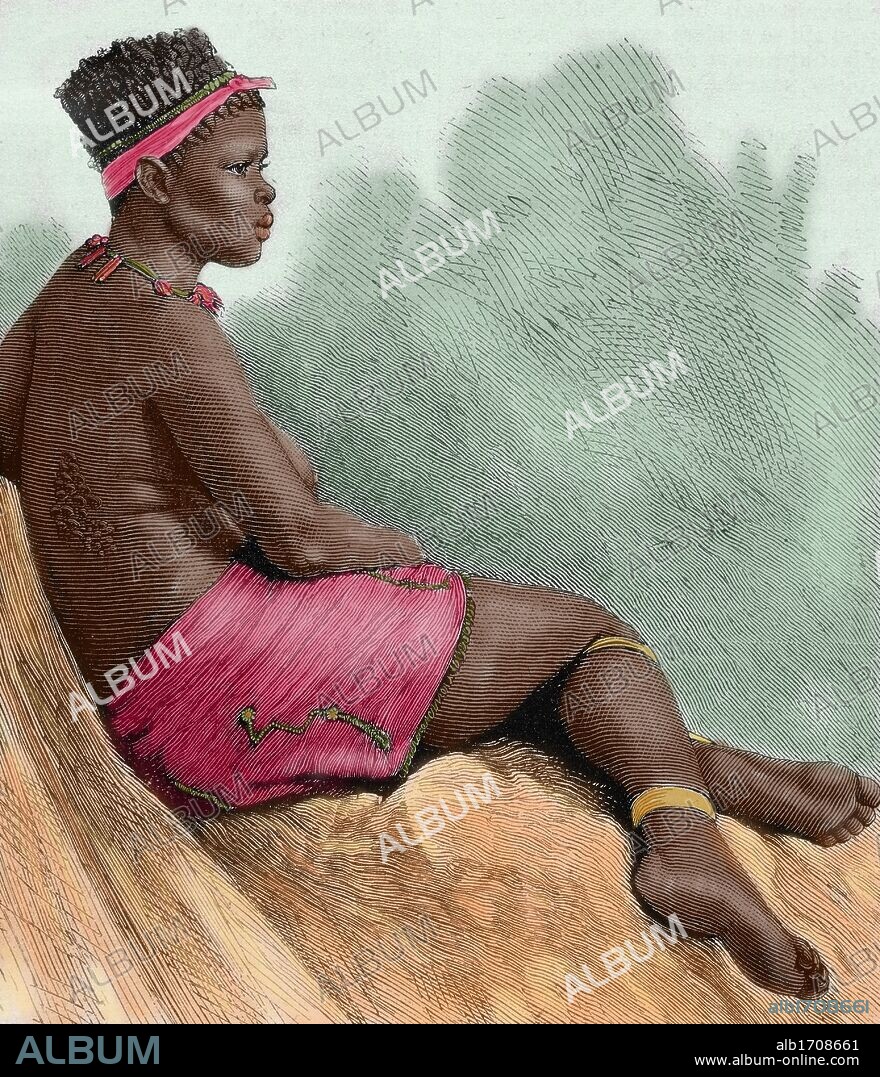 HISTORIA DE AFRICA. AFRICA DEL SUR. Mujer del país de los ZULUES. Grabado coloreado de la "Ilustración Ibérica" (año 1898) .