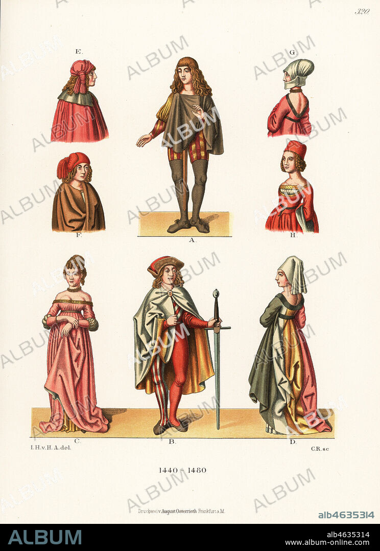 German costumes of the 15th century. Man and woman in mi-parti clothes, and others in characteristic fashion of the era. From the Duke of Saxonys lineage book in Dresden State Archive. Chromolithograph from Hefner-Alteneck's Costumes, Artworks and Appliances from the Middle Ages to the 17th Century, Frankfurt, 1889. Illustration by Dr. Jakob Heinrich von Hefner-Alteneck, lithographed by C.R. Dr. Hefner-Alteneck (1811 - 1903) was a German museum curator, archaeologist, art historian, illustrator and etcher.