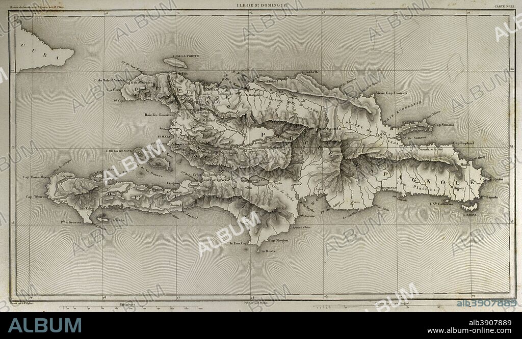 Mapa de la Isla de Santo Domingo. En 1802 Napoleón restableció de nuevo la esclavitud en la isla, enviando a miles de soldados. La mitad del ejército francés murió por la fiebre amarilla. Historia del Consulado y del Imperio de Napoleón (Atlas de l'Histoire du Consulat et de l'Empire). Obra de Marie Joseph Louis Adolphe Thiers (1797-1877). Dibujos realizados por Dufour y grabados por Dyonnet. Editado en París, 1864. Biblioteca Histórico Militar de Barcelona. Cataluña, España.