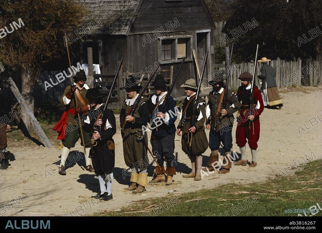 Historical interpreters act as pilgrims at Plymouth Plantation circa 1627; Plymouth, Massachusetts.