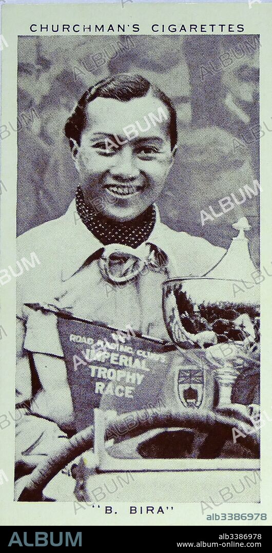 Churchman Kings of Speed Series cigarette card depicting Prince Birabongse Bhanudej Bhanubandh (1914-1985), better known as Prince Bira of Siam (now Thailand) or by his nom de course B. Bira, was the first and remains the only Thai to drive in Formula One. Dated 20th Century.