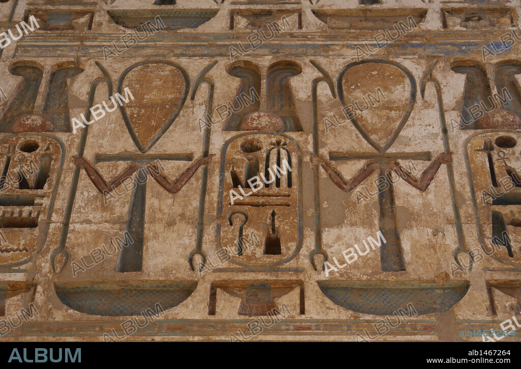 Temple of Ramses III. Royal Cartridges of Ramses III. Second Pharaoh of the Twentieth Dynasty, New Kingdom. Ruled from 1184-1153 B.C..  Thebes. Medinet-Habou. Egypt.