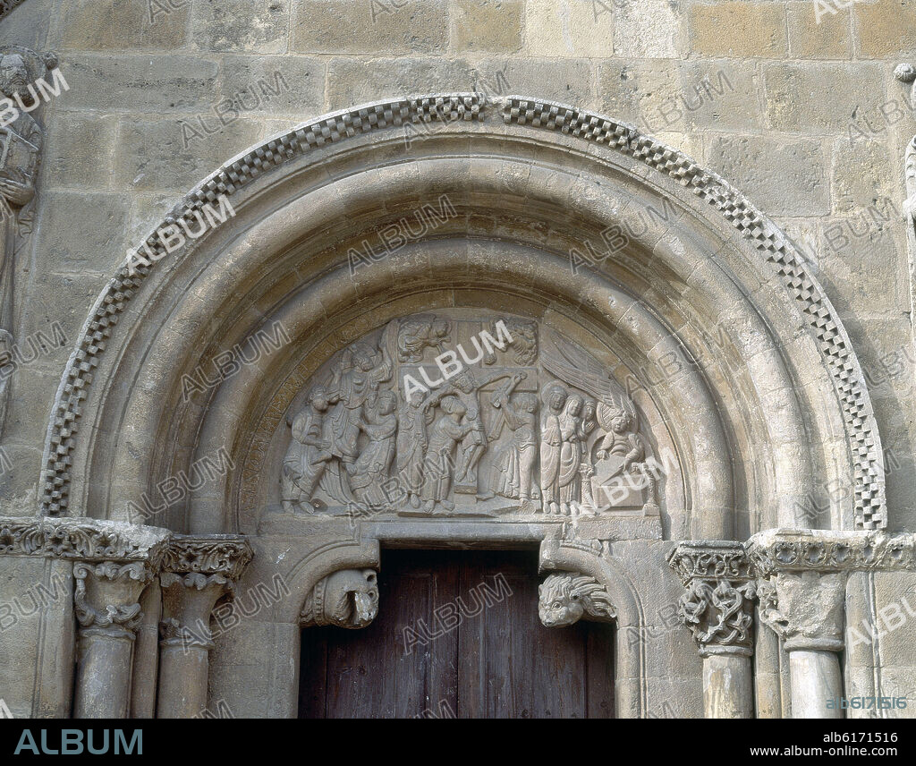 MAESTRO ESTEBAN (S. XII). EXTERIOR- TIMPANO DE LA PUERTA DEL PERDON: DESCENDIMIENTO,MARIAS ANTE SEPULCRO Y ASCENSION - SIGLO XII - ROMANICO ESPAÑOL.