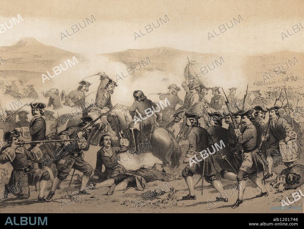 Batalla de Almansa. 25 de Abril de 1707, entre los ejércitos de Felipe V y el Archiduque de Austria. Grabado de 1870.