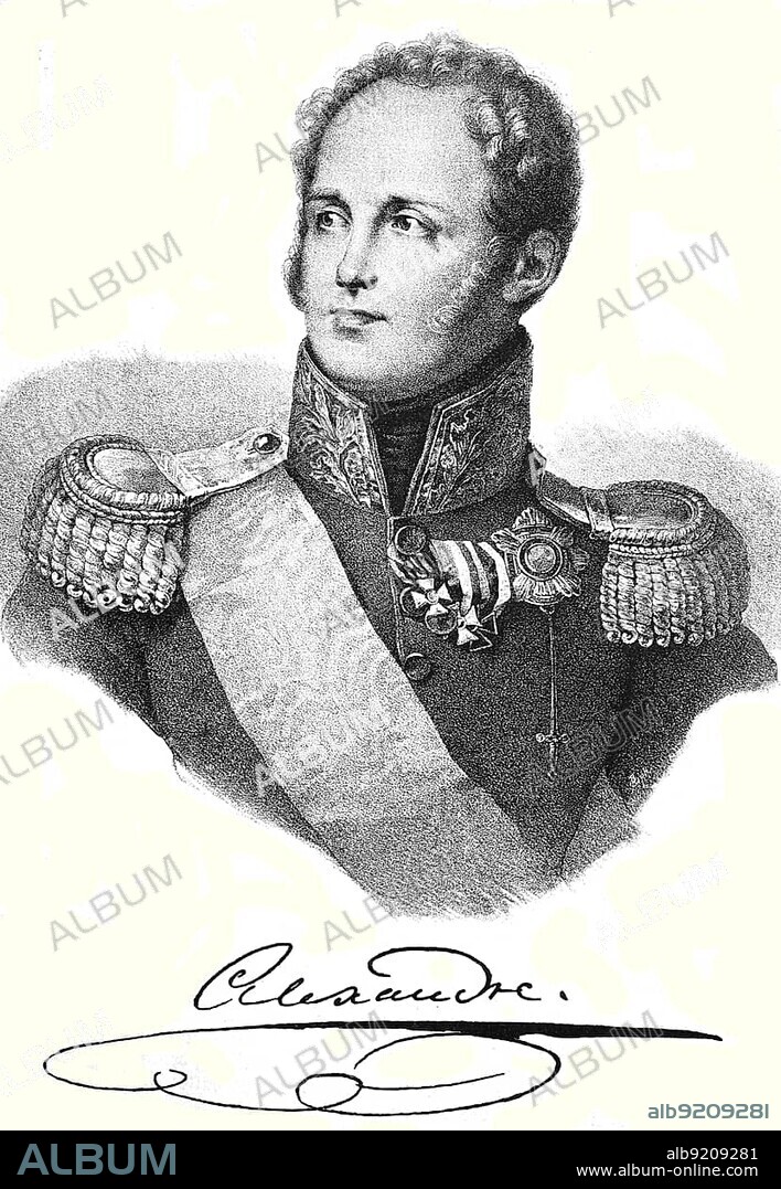 Alexander I. Pavlovich Romanov, 23 December 1777 - 1 December 1825 was Emperor of Russia, King of Poland, first Russian Grand Duke of Finland from the House of Romanov-Holstein-Gottorp, Historical, digitally restored reproduction of an original 19th century master, exact original date not known
