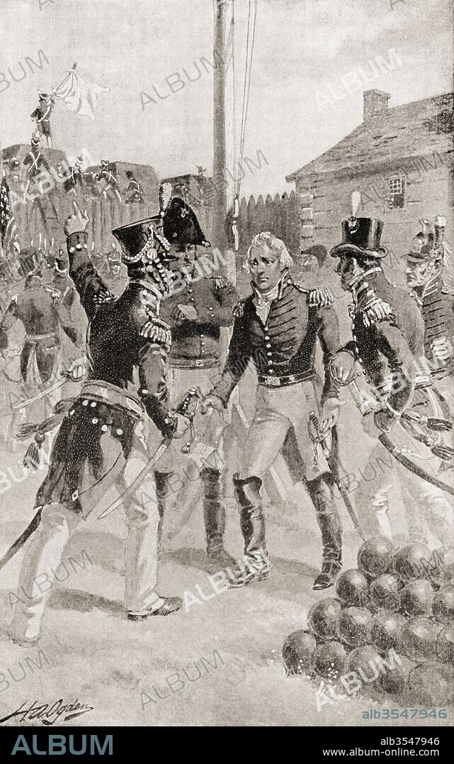 Brigadier General William Hull surrenders the fort and town of Detroit, Michigan, America during The Siege of Detroit, aka the Surrender of Detroit, or the Battle of Fort Detroit, an early engagement in the Anglo-American War of 1812. From The History of Our Country, published 1905.
