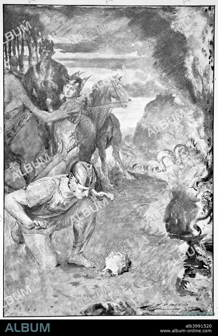 'Beowulf finds the head of Aschere', 1910. Aschere is Hrothgar's most trusted warrior who is killed by the monster Grendel's mother. A print from Hero Myths and Legends of the British Race by MI Ebbutt, 1910.