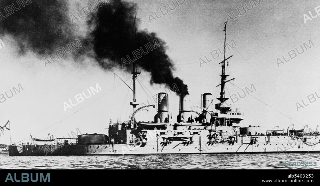 The Russian battleship Potemkin was a pre-dreadnought battleship built for the Imperial Russian Navy's Black Sea Fleet. She became famous when the crew rebelled against the officers in June 1905, which is now viewed as a first step towards the Russian Revolution of 1917. When the Russians recovered the ship, her name was changed to Panteleimon. During WWI Panteleimon was captured in 1918 and handed over to the Allies after the Armistice. Her engines were destroyed by the British in 1919 when they withdrew from Sevastopol and was finally scrapped by the Soviets in 1923. No photographer credited, after 1905 (cropped and cleaned).
