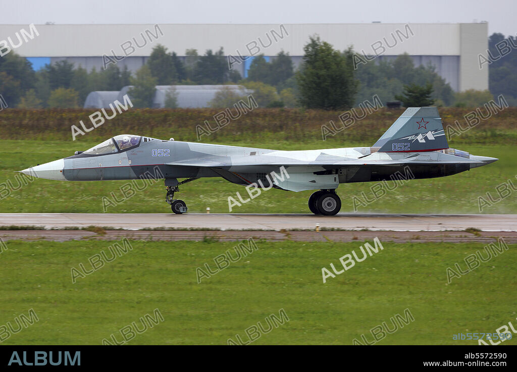 Sukhoi Su-57 (T-50) jet fighter of the Russian Air Force at MAKS-2019 airshow in Zhukovsky, Russia.