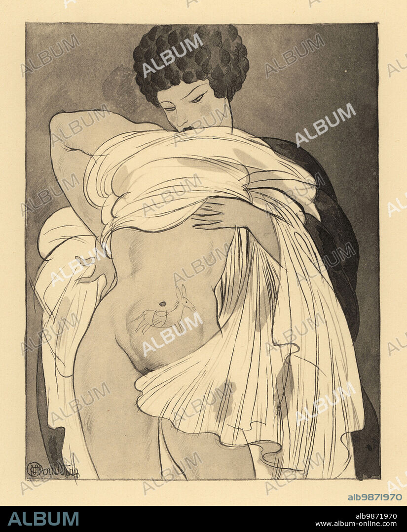 Woman lifting her dress to reveal a painting of an ass with a pack-saddle on her belly. The pack saddle. Le bat. Lithograph after an illustration by Charles Martin from Jean de la Fontaines Contes et Nouvelles en Vers, Tales and Novellas in Verse, Libraire de France, Paris, 1930.