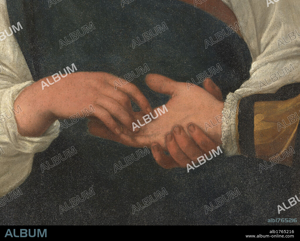 The Good Luck, by Michelangelo Merisi known as Caravaggio, 1593-1594 about, 16th Century, oil on canvas, cm 115 x 150. Italy, Lazio, Rome, Capitoline Museums, Palazzo dei Conservatori. Detail. Hands palm reading clairvoyant sleeve shirt white black, photographic campaign 2009.