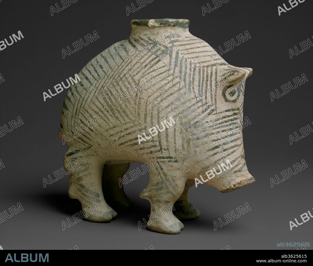Vessel in the form of a boar. Culture: Proto-Elamite. Dimensions: 5.71 in. (14.5 cm). Date: ca. 3100-2900 B.C..
This ceramic vessel takes the form of a standing wild boar. The body is hollow, serving as a container, with a small round rim atop the center of the back and a hole pierced through the snout. The vessel could have been filled through the larger hole in the back while the smaller hole in the snout was held closed with a thumb, allowing the liquid to flow out once the snout was uncovered. Made of fine clay with a smoothed surface, the vessel is decorated in dark brown paint on buff-colored ceramic. The sharply angled hatching covering the vessel evokes the boar's bristly hide, especially along the spine, where it is arranged in a vertical row. The eyes are indicated by circles with a central dot, just below the small, alertly raised ears. The split hooves and fetlocks are modeled in clay. The boar's hunched posture lends the vessel a sense of potentially explosive movement, and reminds the viewer that wild boars are fierce animals that pose dangers to crops in the field, and to the hunters pursuing them. Similar zoomorphic, or animal-shaped, vessels are especially characteristic of the Proto-Elamite period (3100-2900 B.C.) in southwestern Iran.
