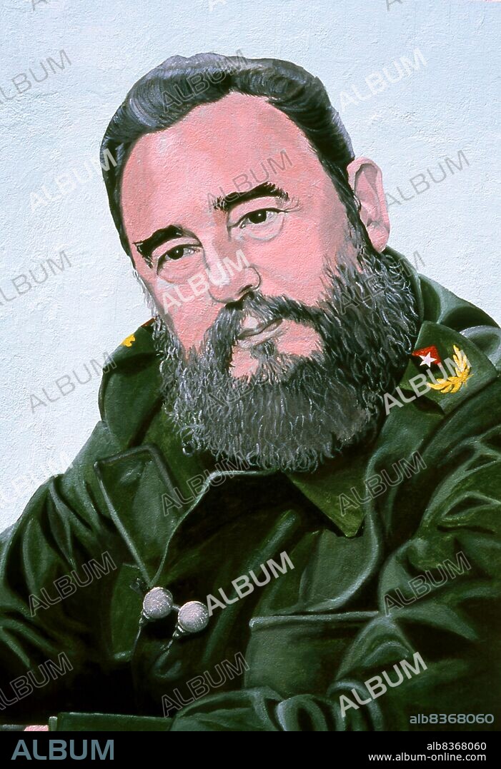 Cuba: A wall painting of Fidel Castro (1926 - 2016), Cuban revolutionary and political leader, Baracoa, Guantanamo Province.<br/><br/>. Fidel Alejandro Castro Ruz (13 August 1926 - 25 November 2016) was a Cuban political leader and former communist revolutionary. As the primary leader of the Cuban Revolution, he served as the Prime Minister of Cuba from February 1959 to December 1976, and then as the President of the Council of State of Cuba and the President of Council of Ministers of Cuba until his resignation from the office in February 2008. He served as First Secretary of the Communist Party of Cuba from the party's foundation in 1961.