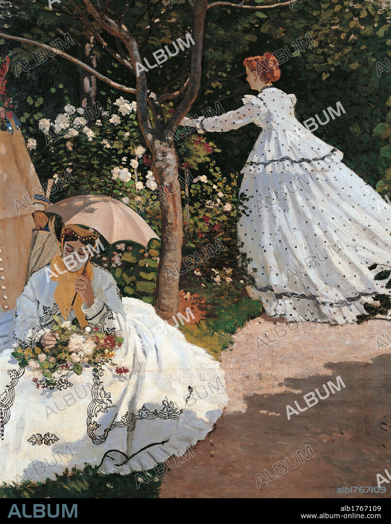 Women in the Garden, by Claude Monet, 1866-1867, 19th Century, oil on canvas, cm 255 x 205. France, Ile de France, Paris, Muse dOrsay, RF 2773. Detail. Women garden tree light blue azure white pink green grass path rose skirt dress.