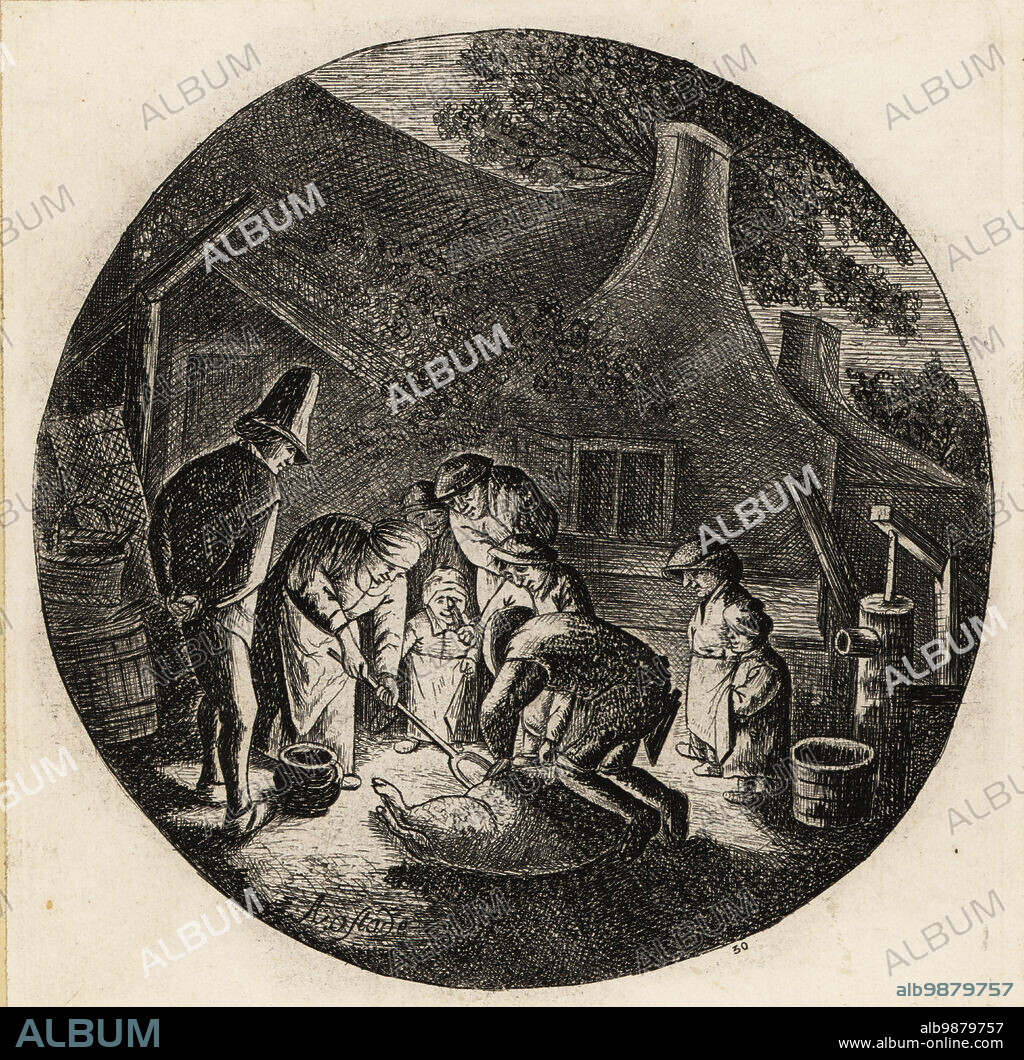 Dutch peasants butchering a pig by candlelight, 17th century. A group of men, children gather to watch in front of a thatched cottage and well with water pump. Pig Slaughterers, circa 1642. Copperplate engraving by David Deuchar after an original by Adriaen van Ostade from A Collection of Etchings after the most Eminent Masters of the Dutch and Flemish Schools, Edinburgh, 1803.