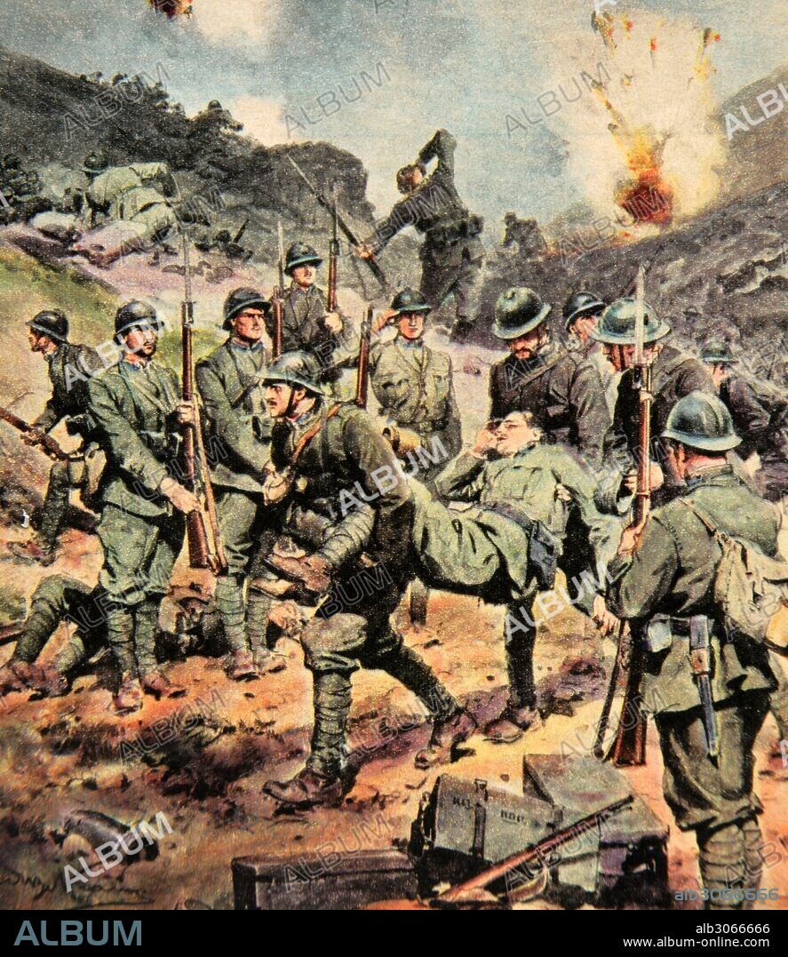 PRIMERA GUERRA MUNDIAL (1914-1918). La muerte de un coronel italiano. Dibujo por Achille de Beltrame (1871-1945). "La Domenica del Corriere",1916.