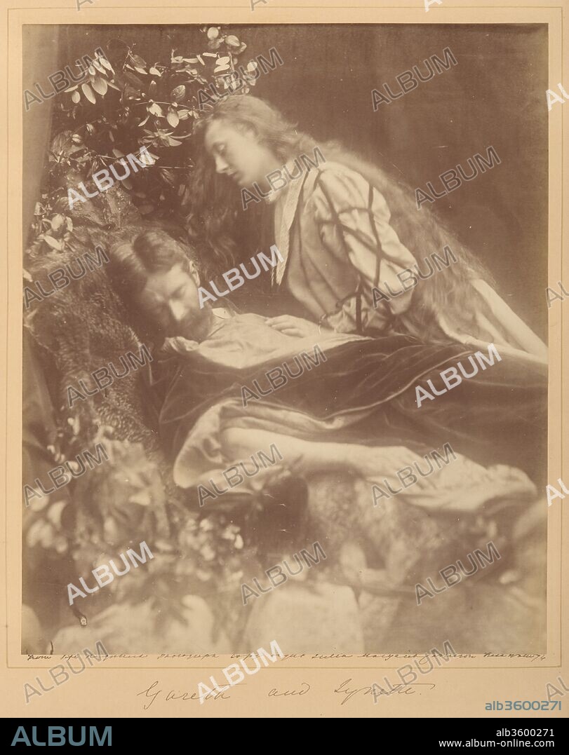 Gareth and Lynette. Artist: Julia Margaret Cameron (British (born India), Calcutta 1815-1879 Kalutara, Ceylon). Dimensions: 33.9 x 28.2 cm (13 3/8 x 11 1/8 in. ). Date: 1874.
In 1874 Tennyson asked Cameron to make photographic illustrations for a new edition of his Idylls of the King, a recasting of the Arthurian legends. Responding that both knew that "it is immortality to me to be bound up with you," Cameron willingly accepted the assignment. Costuming family and friends, she made some 245 exposures to arrive at the handful she wanted for the book. Ultimately--and predictably--she was unhappy with the way her photographs looked reduced in scale and translated into wood engravings, and she chose to issue a deluxe edition, at her own risk, that included a dozen full size photographic prints in each of two volumes.