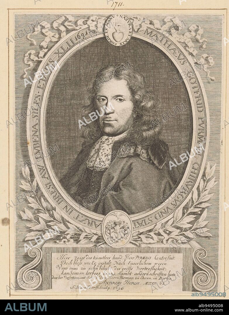 Portrait of Matthias Gottfried Purmann, Samuel Blesendorf, 1691, print maker: Samuel Blesendorf, (mentioned on object), Andreas Horch, (mentioned on object), Berlin, 1691, paper, engraving, h 192 mm - w 142 mm.