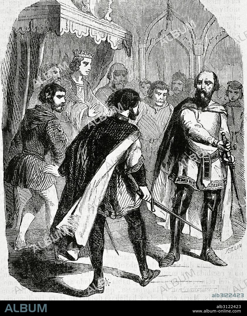 CARLOS DE VALOIS (1270-1325). Tercer hijo de Felipe III de Francia y de Isabel de Aragón. Fundó la Casa de Valois, rama segunda de la Dinastia de los Capeto. "Carlos de Valois tira la espada en presencia del Rey". Grabado por A. Belin. Biblioteca Universal, año 1868.