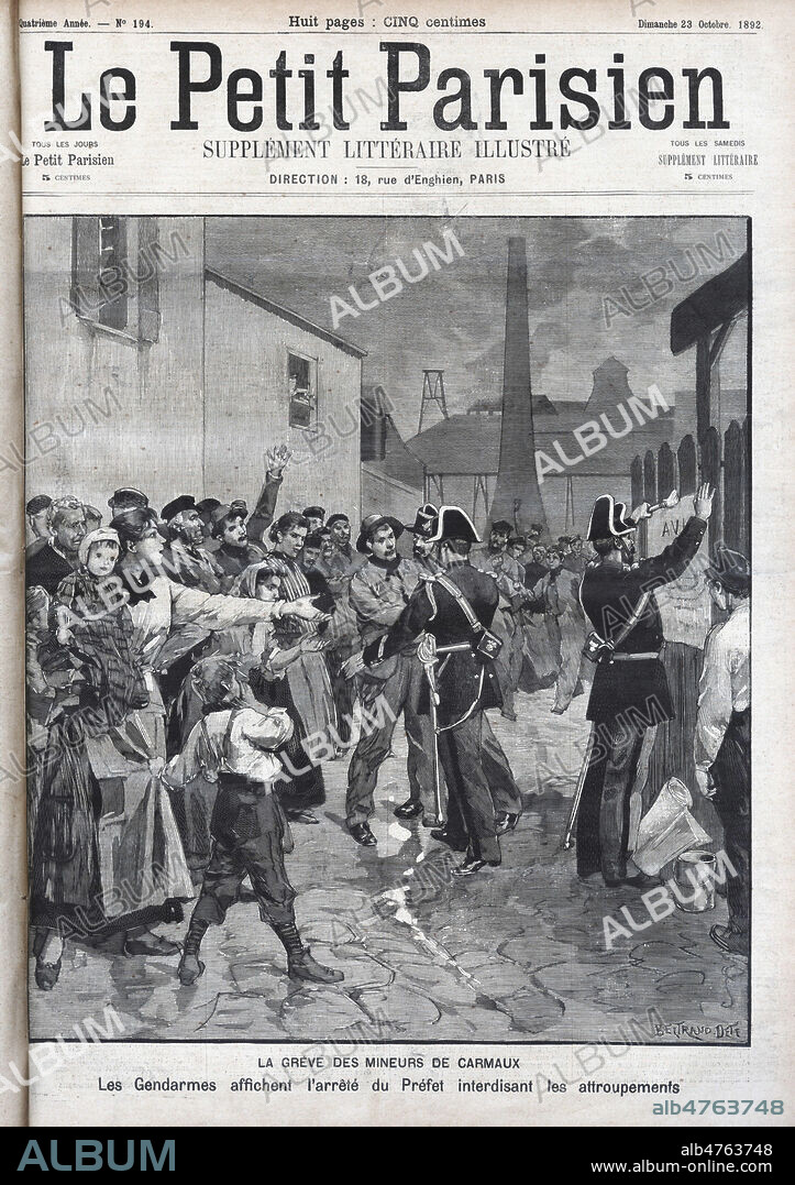 La greve des mineurs de Carmaux. Les gendarmes affichent l'arrete du Prefet interdisant les attroupements. Illustration de Bertrand DETE pour Le petit Parisien illustre du 23 octobre 1892. Credit : Collection KHARBINE-TAPABOR.