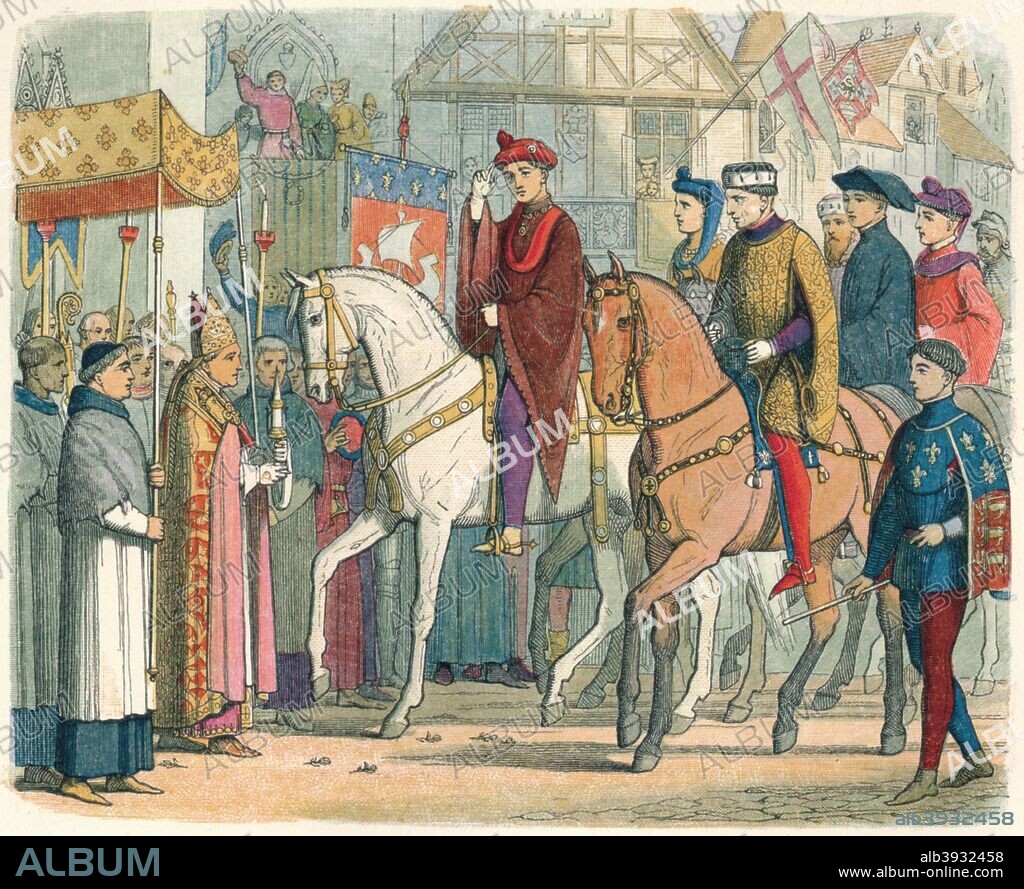 'Charles and Henry welcomed by the clergy', 1864. Charles VI of France, (1368-1422) and Henry V of England, (1387-1422) welcomed by the clergy, Paris, 1420. From A Chronicle of England B.C. 55 - A.D. 1485 by James E. Doyle. [Longman, Green, Longman, Roberts & Green, London, 1864].