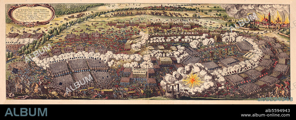 Dreißigjähriger Krieg 1618-1648:. Schlacht bei Lützen am 16. November. 1632 zwischen den Schweden unter Gustav Adolf und den Kaiserlichen unter Wallenstein / Tod Gustav Adolfs. Kupferstich von Matthäus Merian d. Ä. (1593-1650) aus: Theatrum Europaeum 1637.