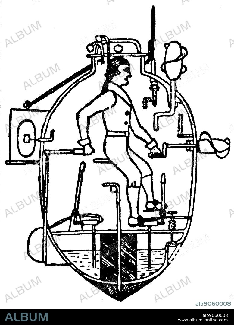 Sergeant Ezra Lee making a dive in 'Turtle' in 1776. Submarine by David Bushnell (1742-1824). Air sufficient for 30 minute submersion. Propeller turned by handle and rudder moved by another. During American War of Independence several unsuccessful attempt.