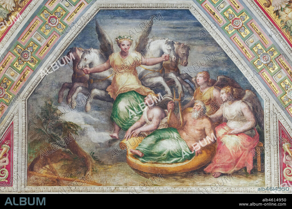 Ferrara, the Castello Estense (the Estense Castle), also known as Castle of St. Michael: detail of the ceiling of the Chamber of Dawn: "Day" , by Ludovico Settevecchi. The Chamber, former Ercole II's private room, was known in 1600 as the mirror chamber. It gives the name to the whole representation apartment that Alfonso II wanted. The vault scenes are thought to be the allegory of human life.