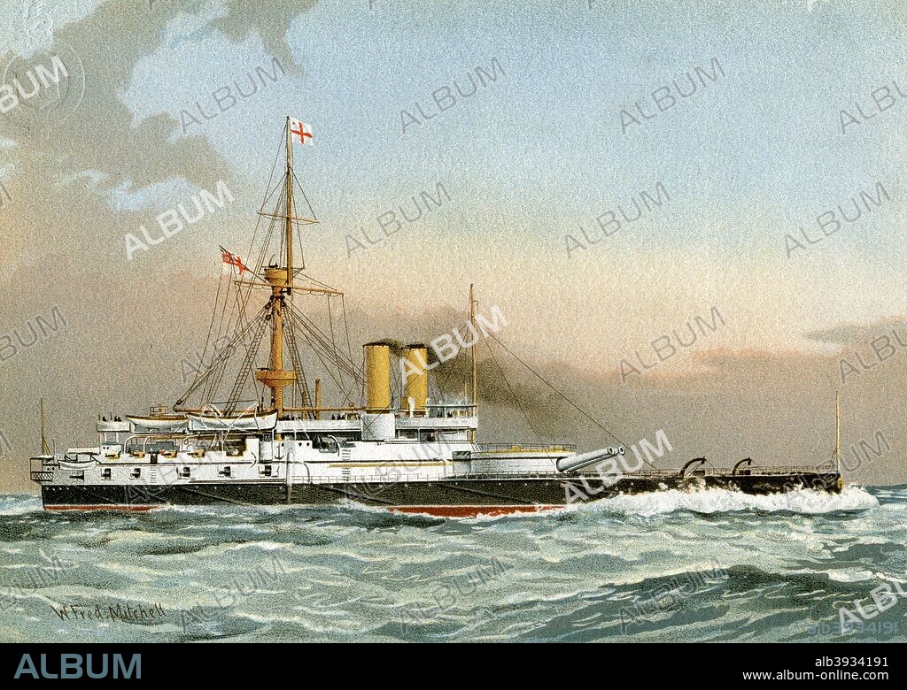 HMS 'Victoria', Royal Navy 1st class battleship, c1890-c1893. Commissioned in 1890, HMS 'Victoria' was the lead ship of her class of two battleships. She joined the Mediterranean Fleet as flagship, but on 22 April 1893 she collided with another battleship, HMS 'Camperdown', off Tripoli, Lebanon, and sank with the loss of 358 of her crew, including Vice-Admiral Sir George Tryon, commander of the Mediterranean Fleet. A print from Her Majesty's Navy Including its Deeds and Battles, by Lieut Chas Rathbone Low, Volume II, JS Virtue & Co, London, 1890-1893.