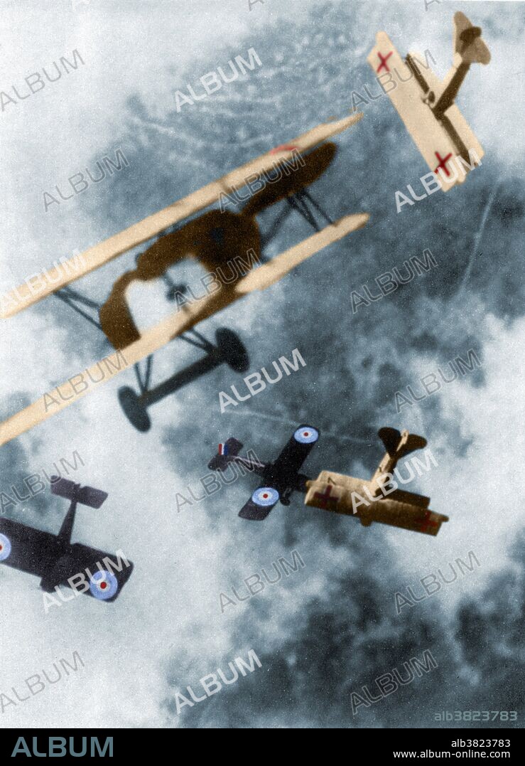 Dogfighting first emerged in World War I. Ever since "heavier than air" flight became a reality in 1903, people had been trying to figure out how to use this new technology for warfare. Once machine guns were mounted to the airplane, either on a flexible mounting or higher on the wings of early biplanes, the era of air combat began. Pilots achieved firing position while avoiding the threat of enemy guns by maneuvering behind the enemy aircraft, a type of combat that became known as dogfighting. Oswald Boelcke, a German fighter ace during World War I, was the first to publish the basic rules for aerial combat maneuvering in 1916, known as the Dicta Boelcke. He advised pilots to attack from the direction of the sun (toward which the defending pilot could not see), or to fly at a higher altitude than the opponent. Caption: "Composite picture of a dogfight between fighter planes (film of this period was not fast enough to capture action like this).