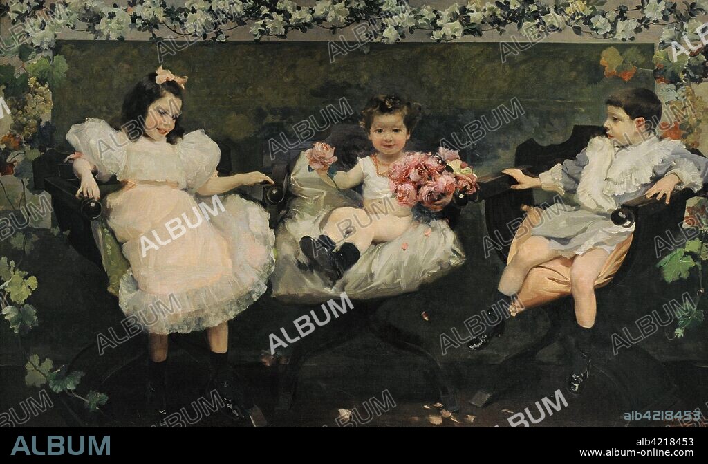 Joaquin Sorolla y Bastida (1863-1923). Spanish painter. My Kids, 1897. Oil on canvas, 140 x 228 cm. Portrait of the three children of Sorolla, sitting in jamugas. From left to right: Maria, Elena and Joaquin. Sorolla Museum. Madrid. Spain.
