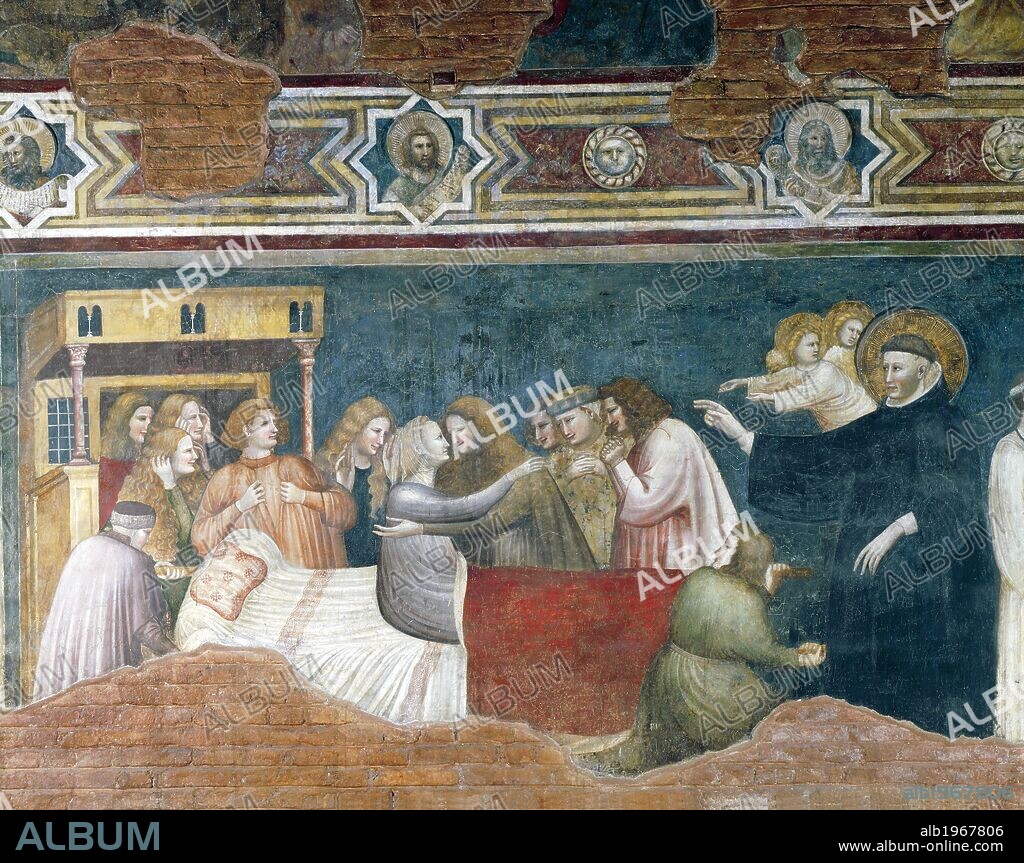 Miraculous resurrection of Filippa Barraca, scene from the Stories of St Nicholas of Tolentino, 1320-1325, by an unknown artist, fresco, Chapel of St Nicholas, Basilica of Saint Nicolas of Tolentino, Tolentino . Italy, 14th century.