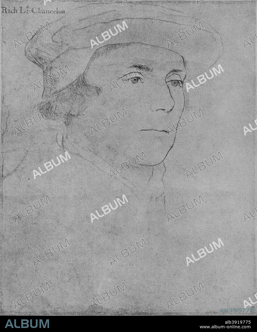 'Richard, Baron Rich', c1532-1543 (1945). Richard Rich, 1st Baron Rich, 1st Baron Rich (1496/7-1567), was Lord Chancellor during the reign of King Edward VI of England from 1547 until January 1552. The drawing is part of the Royal Collection Trust, Windsor Castle. From The Drawings of Holbein at Windsor Castle by K. T. Parker. [The Phaidon Press Ltd, Oxford & London, 1945].