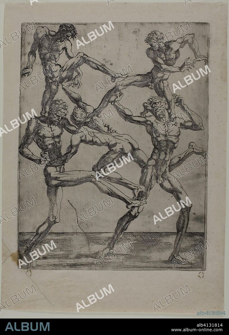 SCHOOL OF JUSTE DE JUSTE. Pyramid of Five Men. Juste de Juste; French, 1505-1559. Date: 1535-1545. Dimensions: 275 × 208 mm (plate); 340 × 240 mm (sheet). Etching in black on cream laid paper. Origin: France.