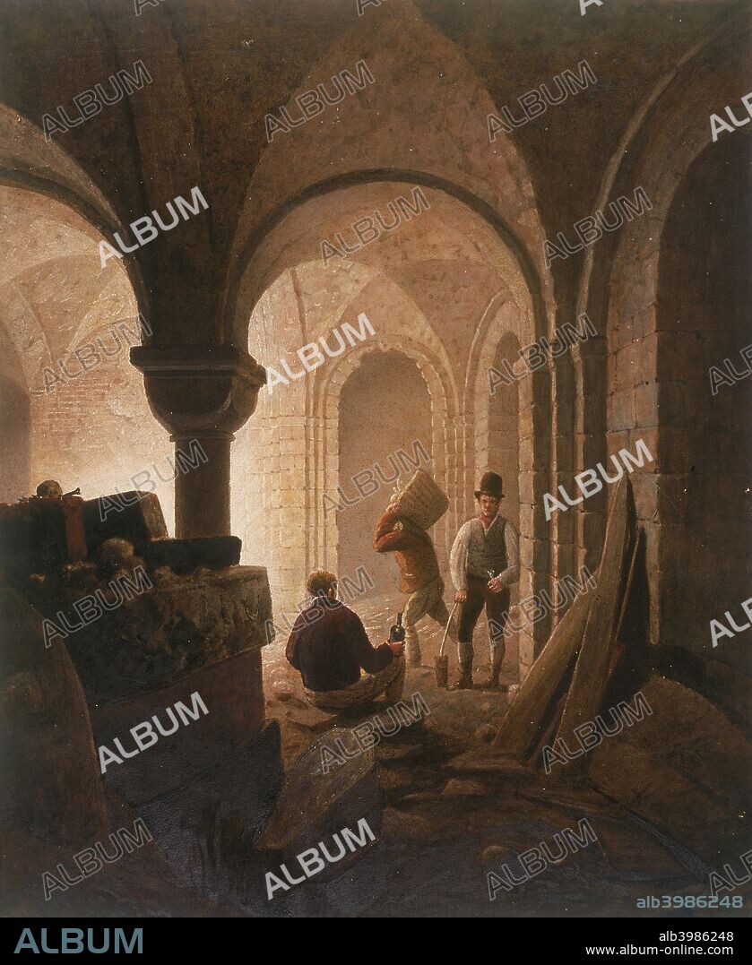 Crypt of St Mary-le-Bow, London, 1818. Workmen in the crypt of the church of St Mary-le-Bow, showing the vaulted ceiling. One man carries a basket. The scene is set during the restoration by George Gwilt, with coffins and human remains visible.