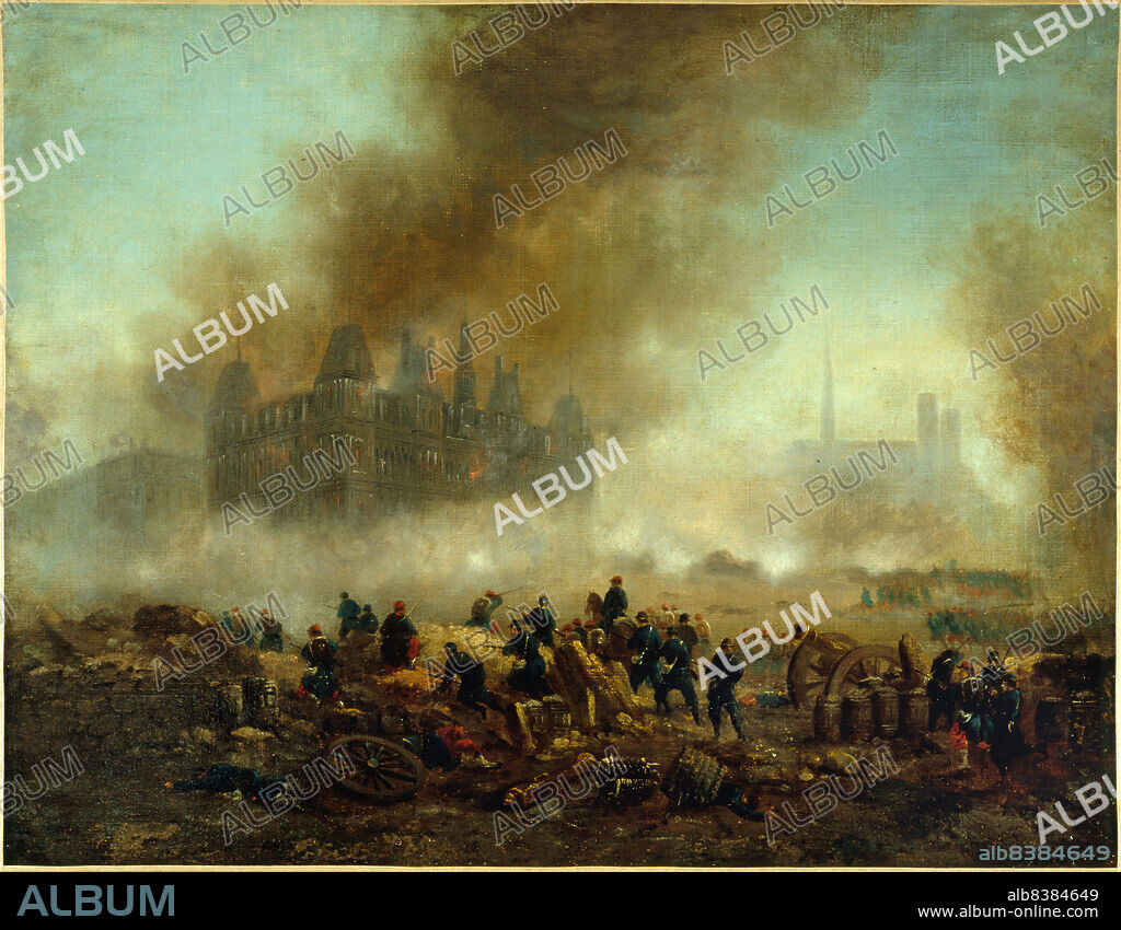 GUSTAVE BOULANGER. The Hotel de Ville set on fire, attacked by the troops of Versailles, 1871.