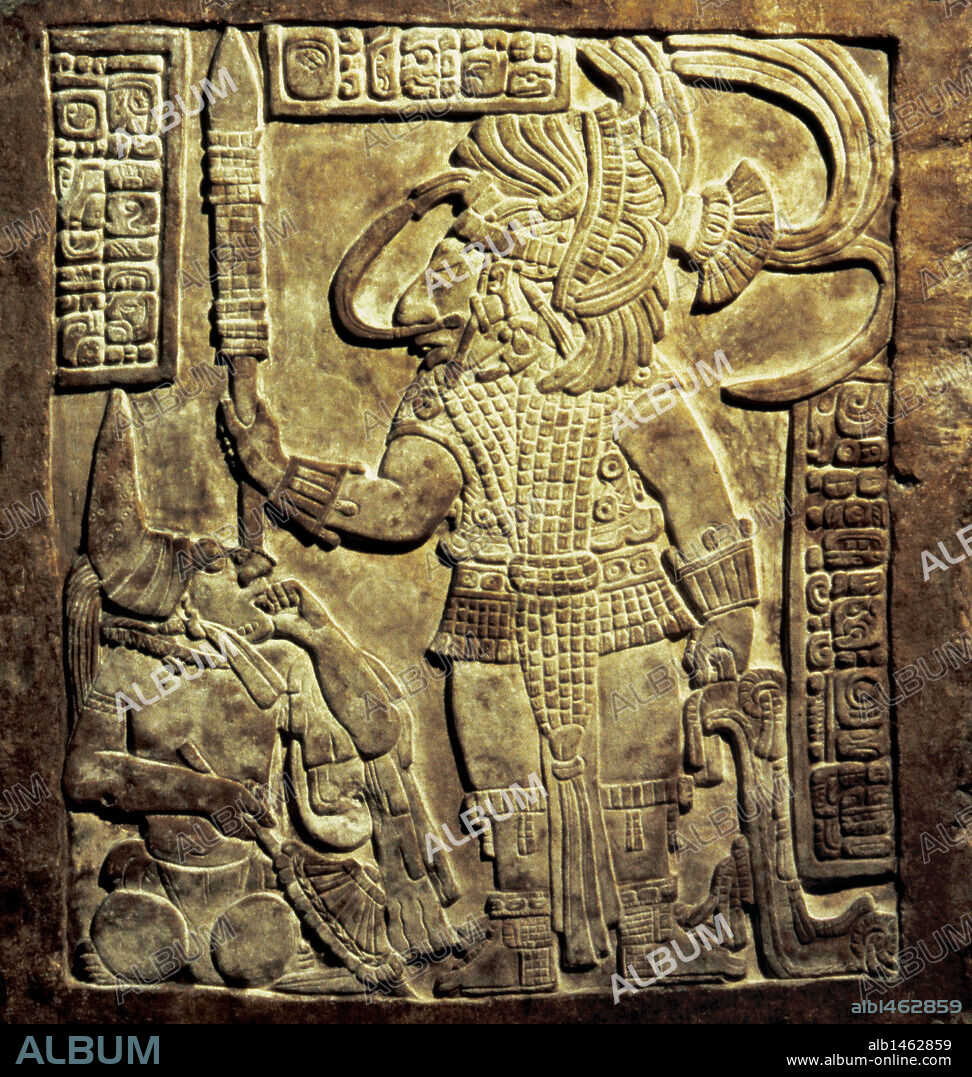 Pre-Columbian art. Central America. Maya. Lintel 16 from Yaxchilan, Late Classic Maya. 8th century. Lord Bird Jaguar IV with a captive. British Museum, London.