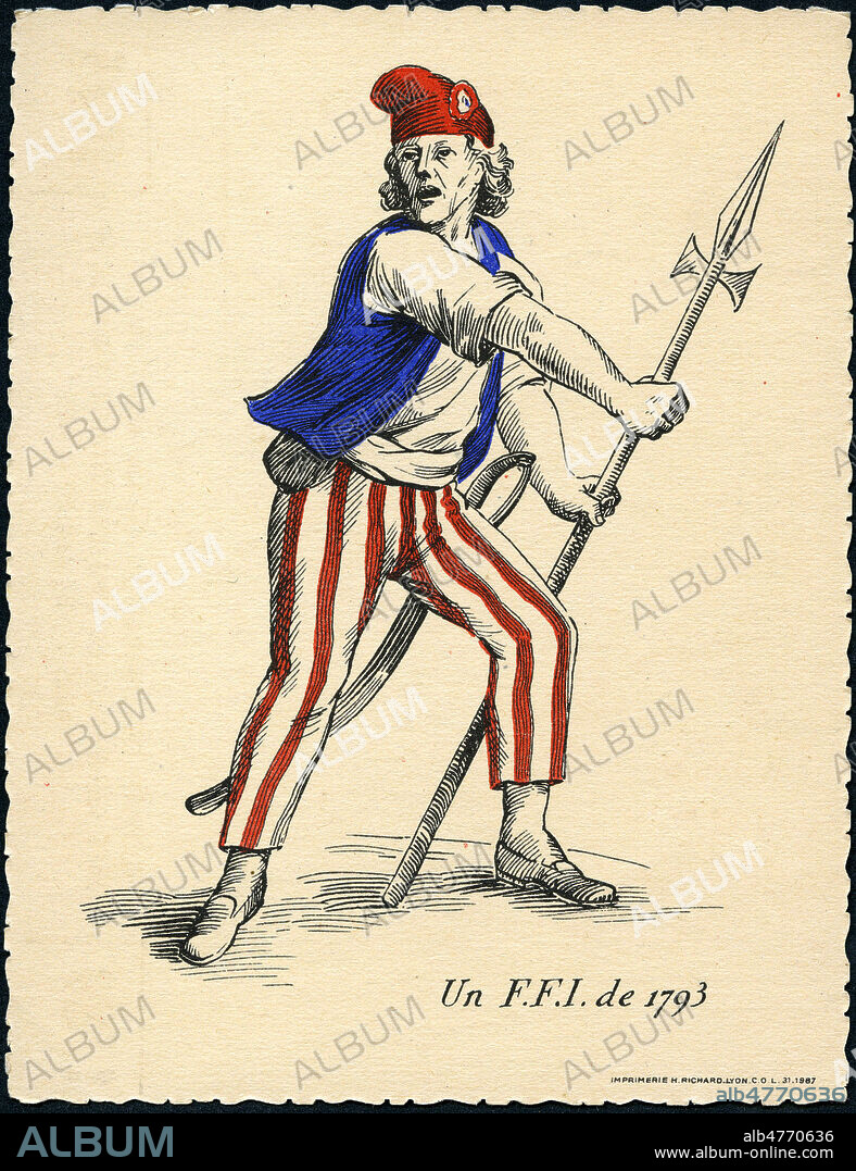 'Un F.F.I. de 1793' : assimilation des resistants aux sans-culotte. Illustration anonyme pour une carte postale de 1945. Credit : Collection IM/KHARBINE-TAPABOR.