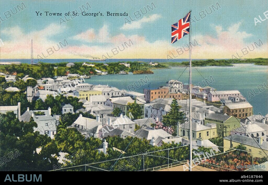 'Ye Towne of St. George's, Bermuda', early 20th century. View of the harbour and town of St George's during the colonial period, with the Union Jack flying and a steamship in the distance. St George's was the first permanent English settlement on the islands of Bermuda. [Yankee Store and Bermuda Drug Co., Bermuda].